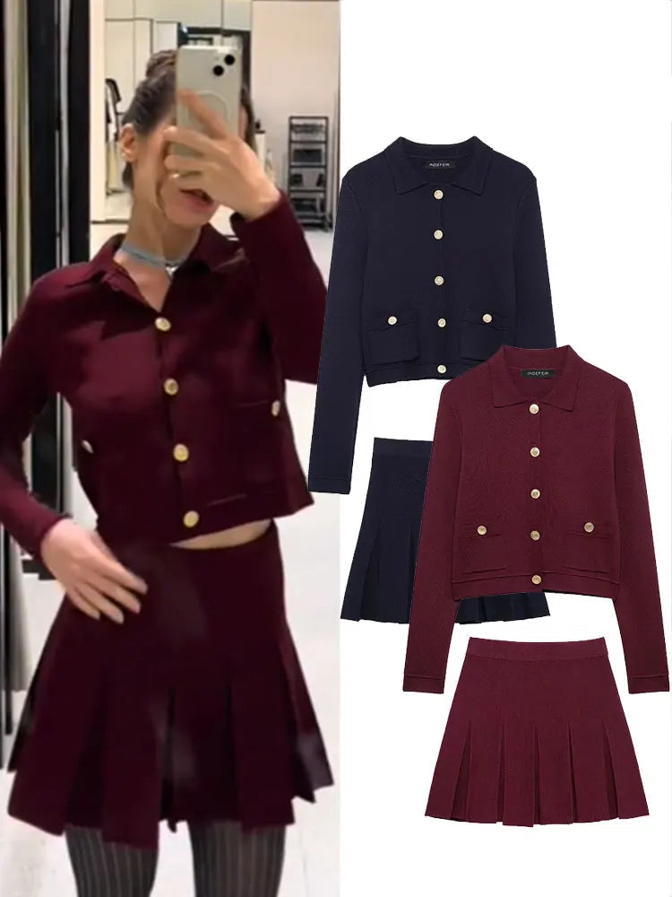 Chic TRAFZA Women's Wide Pleated High Waist Stretch Knitted Mini Skirt and Retro Metal Button Slim Fit Jacket Two-Piece Fashion Suit Set.