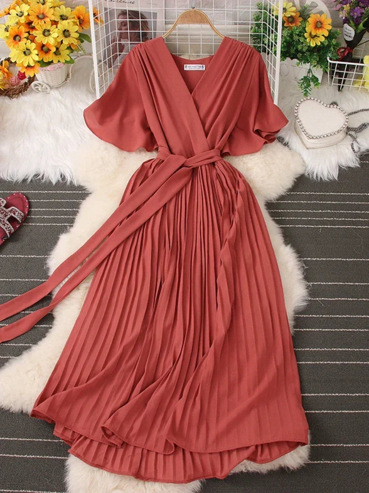 Chiffon Pleated Lace Up V Neck Dress For Women Summer