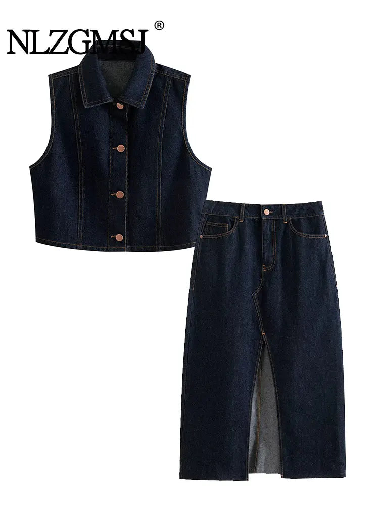 Denim Set For Women Skirt With Cropped Vest Coat Casual