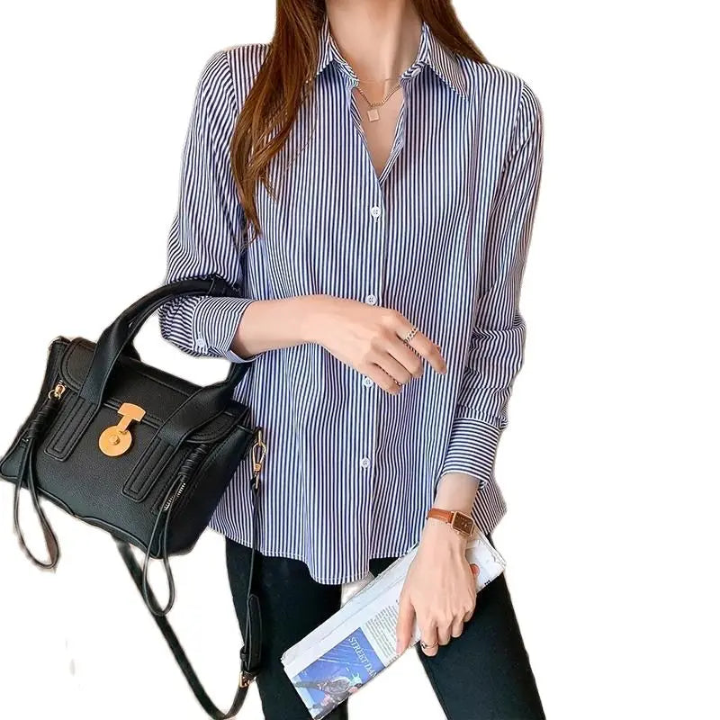 Stylish Women’s Casual Long Sleeve Blouse Blue Striped Turn-Down Collar Lightweight Shirt perfect for spring and summer wear.