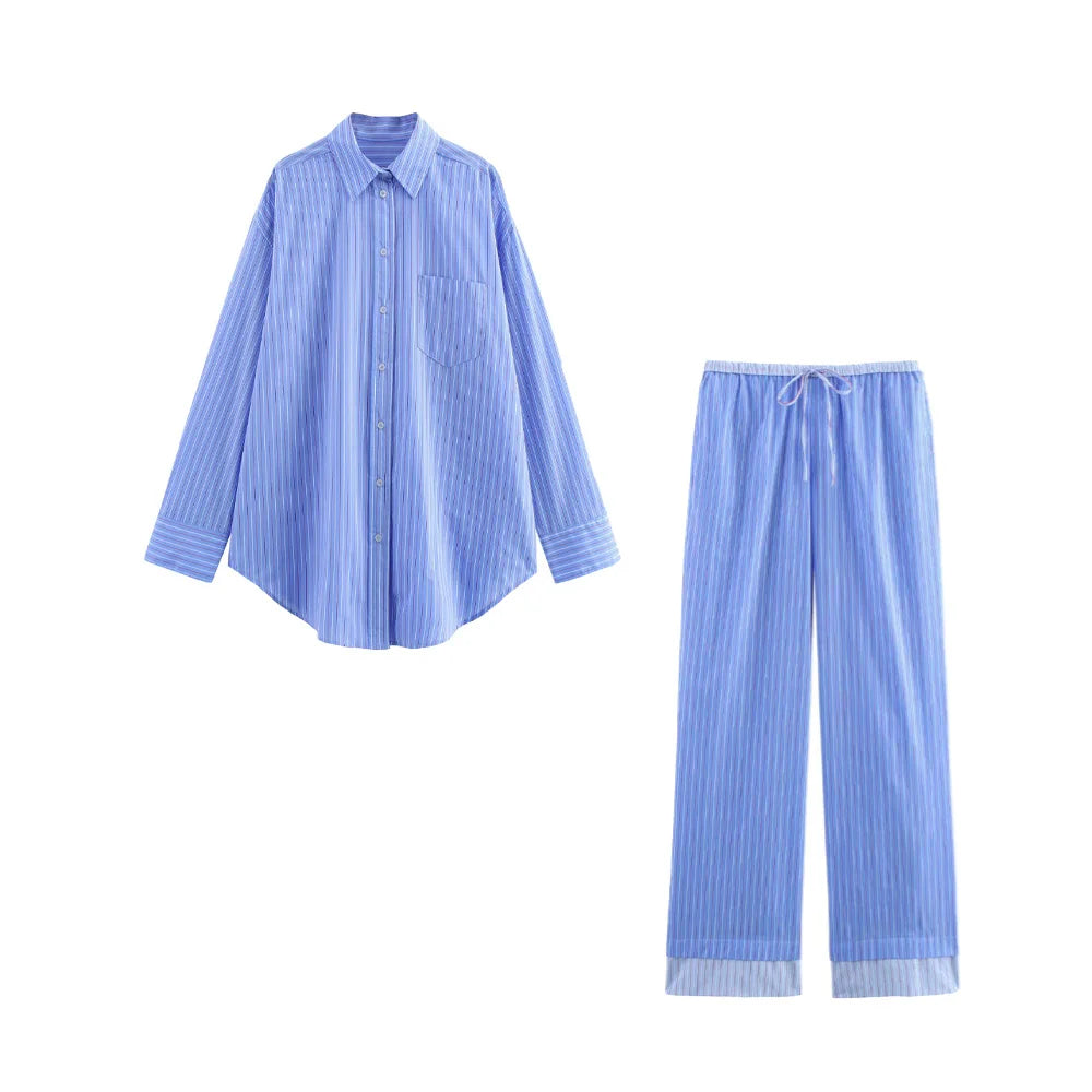 Stylish Women's Casual Striped Loose Shirt and Pants Set for Spring and Summer Fashion, perfect for effortless comfort.