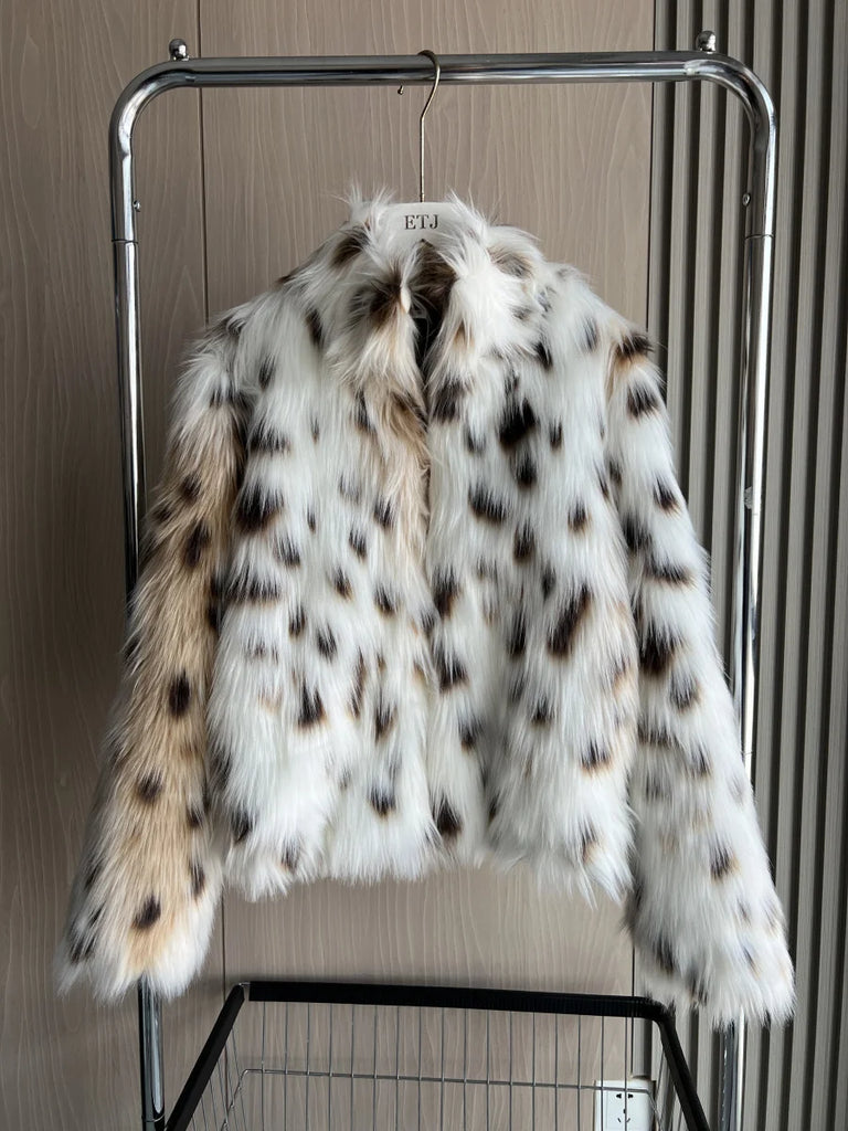 Leopard Print Faux Fur Coat For Women Long Sleeve Cozy