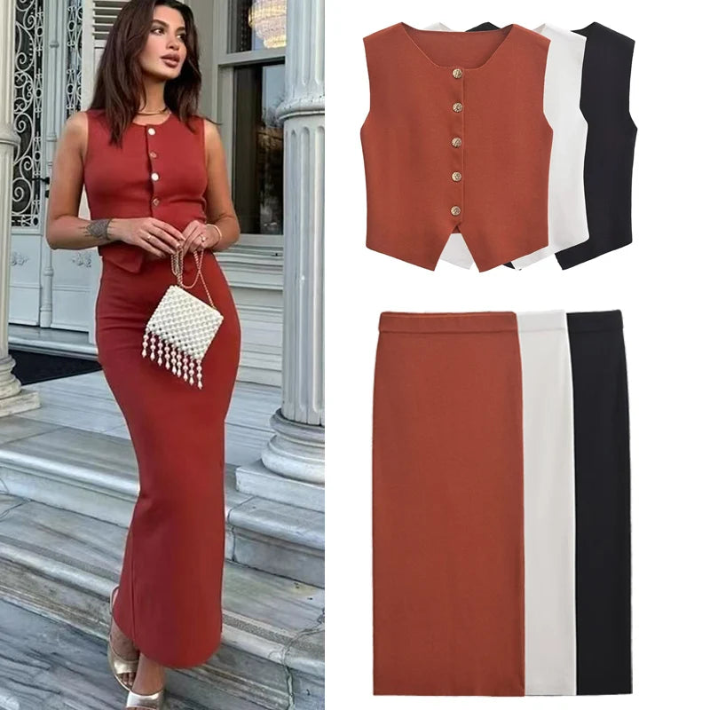 Women’s 2 Piece Knit Skirt Set with Cropped Sleeveless Vest and High Waist Slim Fit Skirt in Solid Color with Gold Button Detail