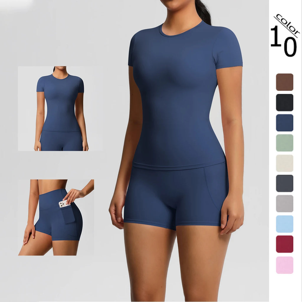 Stylish 2PCS Women’s Yoga Set with Pocketed Shorts and Short Sleeve Crop Top, perfect for gym and outdoor workouts.
