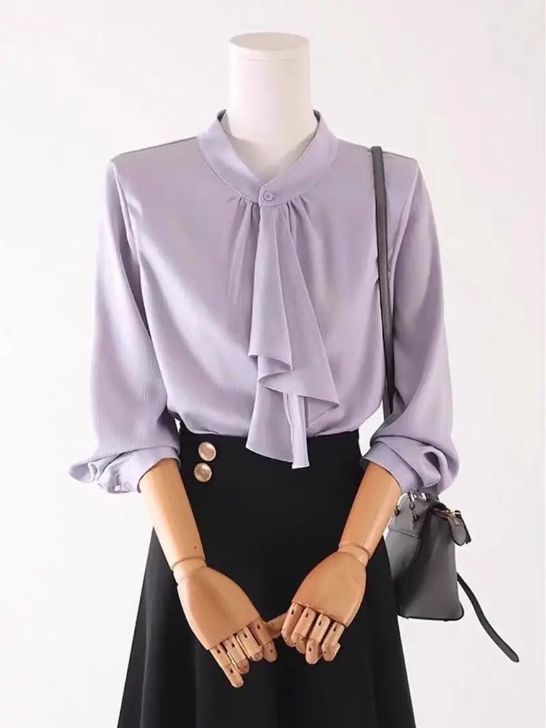 Elegant Scarf Collar Button Up Blouse for Women Long Sleeve, perfect for Spring Autumn fashion with refined style and comfort.