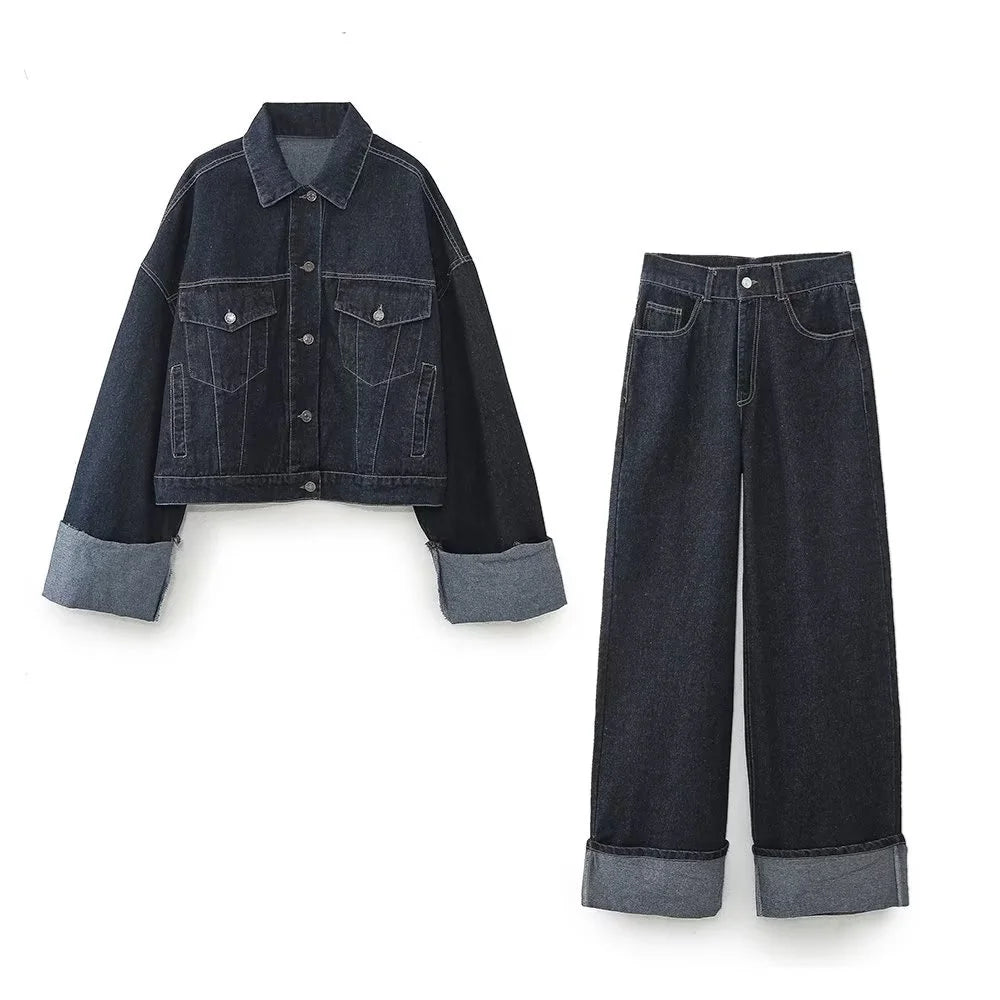Stylish Women's Denim Jacket and Wide Leg Pants Set, perfect for a chic spring outfit and essential for modern wardrobes.