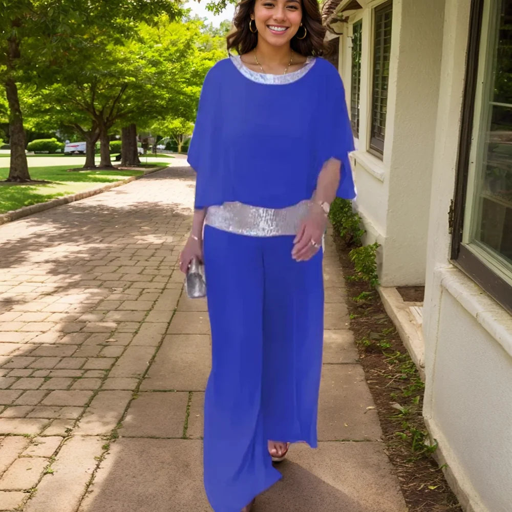 Sequined Two Piece Set For Women O Neck Batwing Sleeve Wide Leg Pants Party Wear