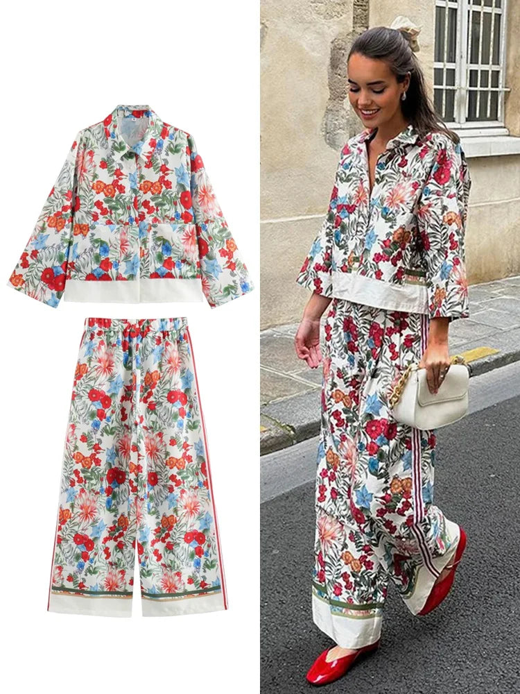 Bohemian Style Women's Two-Piece Set With Long Sleeve Shirt And Wide Leg Pants