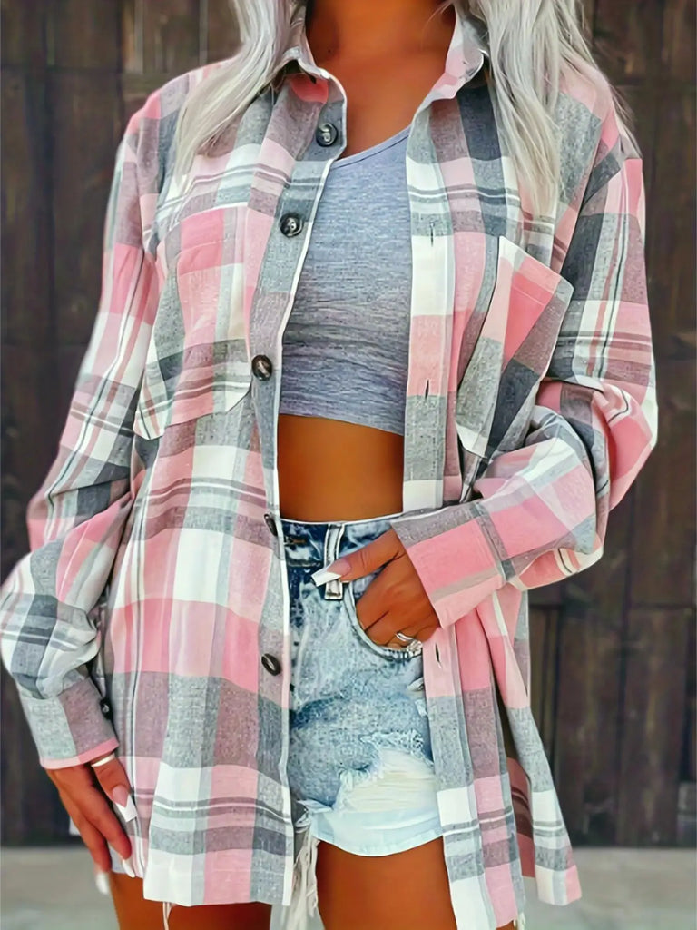 Stylish Loose Fit Plaid Shirt for Women Long Sleeve Casual Comfortable Autumn Winter Top, perfect for trendy outfits.