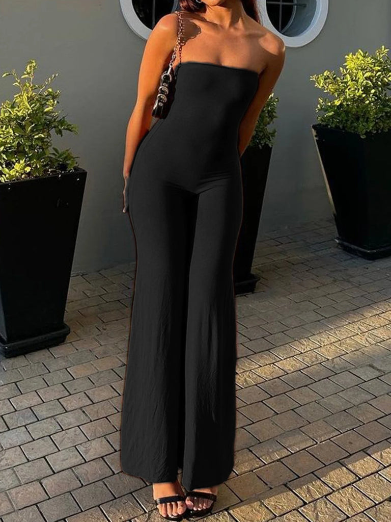 Elevate your style with the Black Strapless Elegant Long Jumpsuit for Women Slim Fit Wide Leg Flared Rompers.