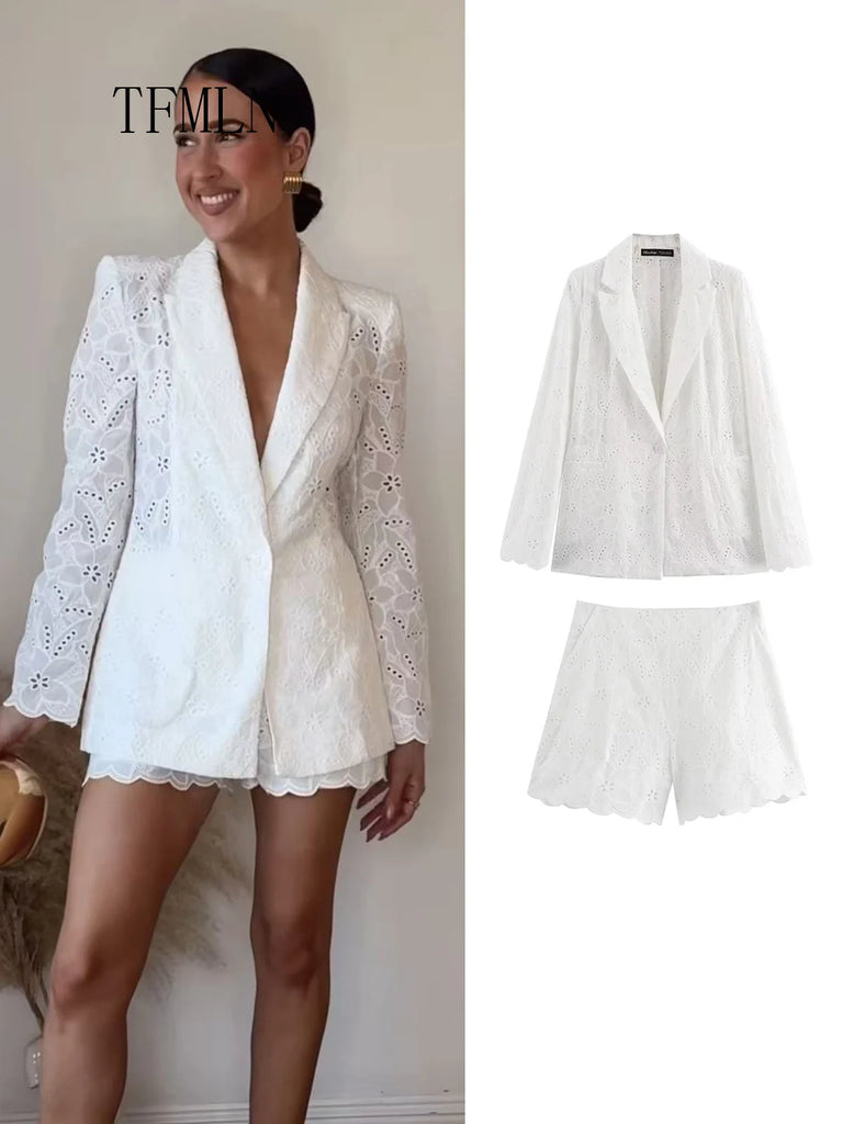 Stylish Women’s Embroidered Blazer and Hollow Out Shorts Suit Elegant Retro Single Button Coat with Side Zipper Shorts Set by TFMLN.
