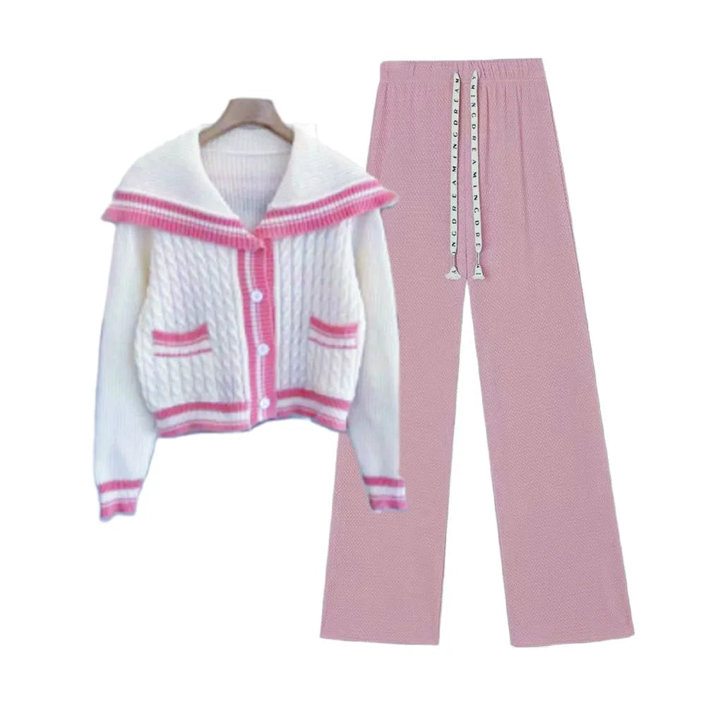 Charming Preppy Style Knitted Two Piece Set with Sailor Collar Sweater and Elastic Pants for Women’s Korean Sportswear.