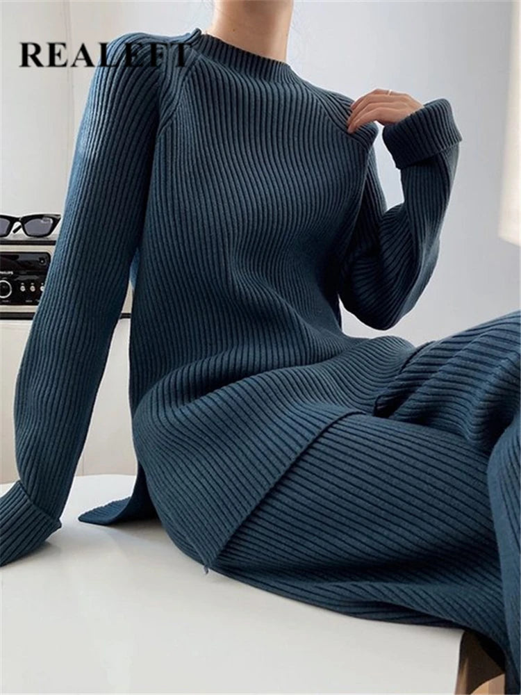 Stylish Knitted Tracksuit for Women Autumn Winter Two Piece Set with Half Turtleneck Sweater and Wide Leg Jogging Pants.
