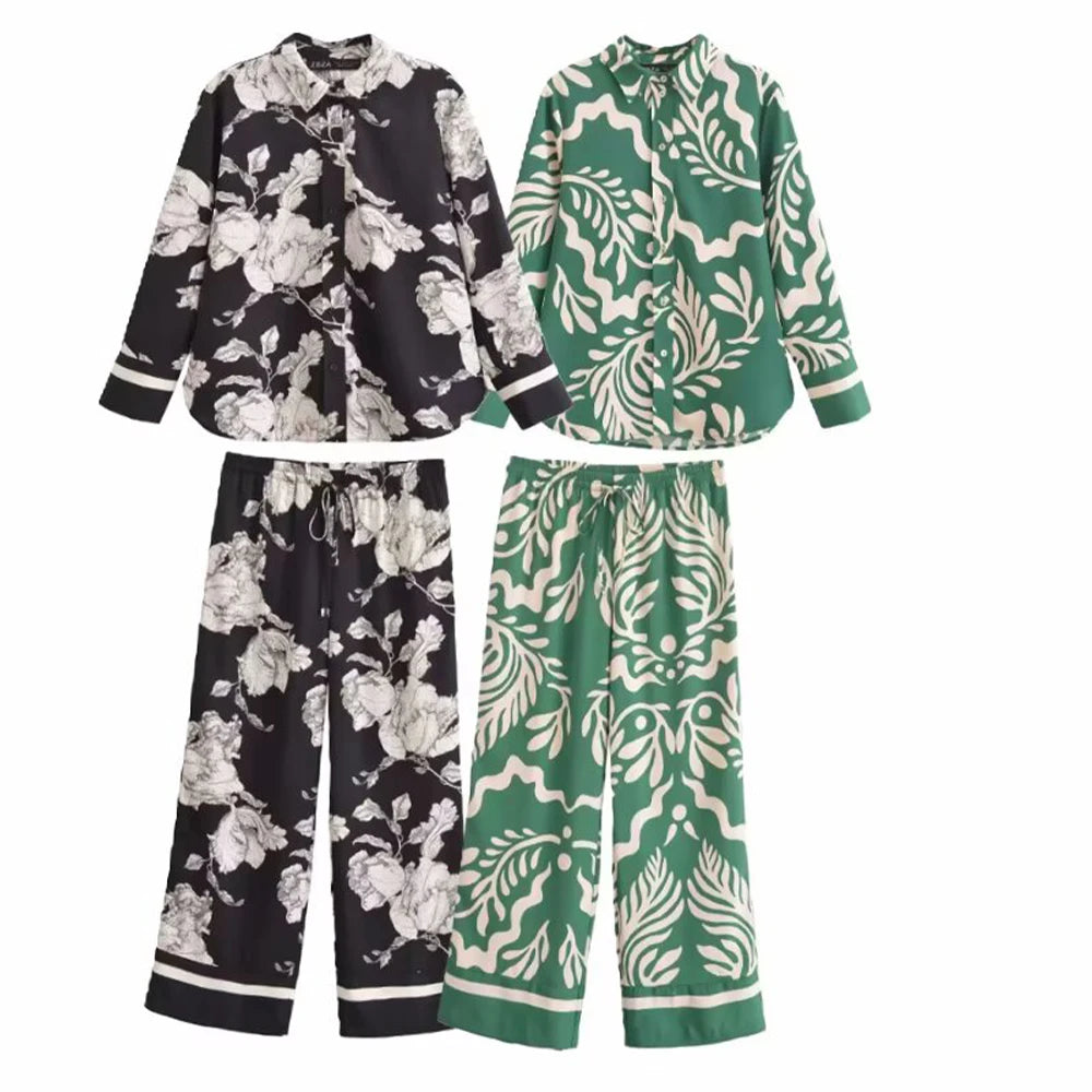 Women’s Casual Printed Collar Long Sleeve Shirt and Drawstring Pants Set Slimming Fashion Two-Piece Outfit for Office and Leisure Wear