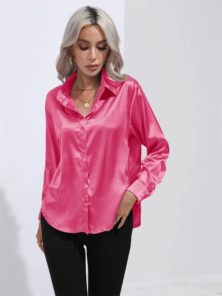 Stylish Women’s Casual Satin Blouse with Long Sleeves and Turn-Down Collar, perfect for Spring and Autumn wear.