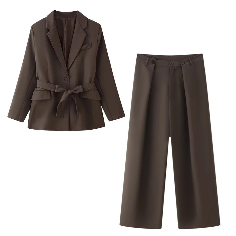 Stylish Women's Casual Suit Jacket and Pants Set with Long Sleeves and Waist Belt for Spring and Summer Fashion.