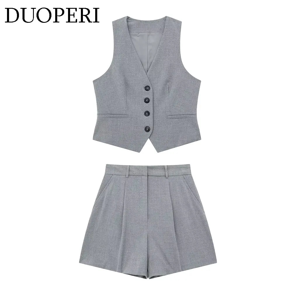 Grey Two Piece Set For Women Vest And High Waist Shorts Coordinated Outfit
