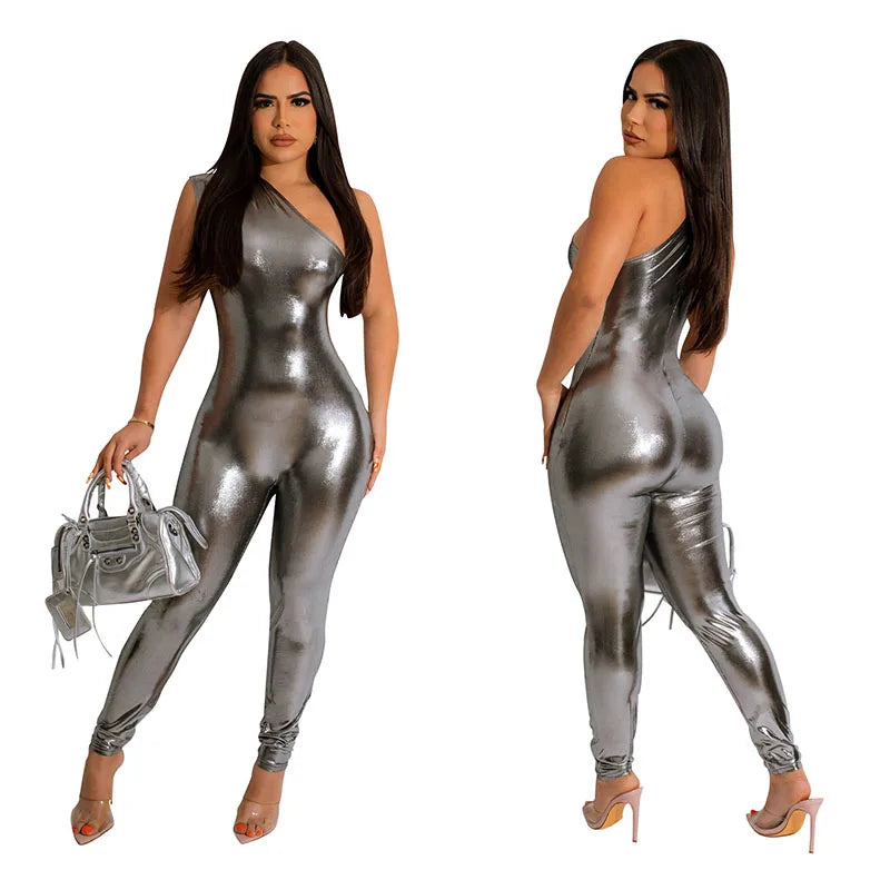Elevate your night out in this Elegant Shiny Metallic One Shoulder Sleeveless Jumpsuit Romper for Women Party Night Club Outfit.