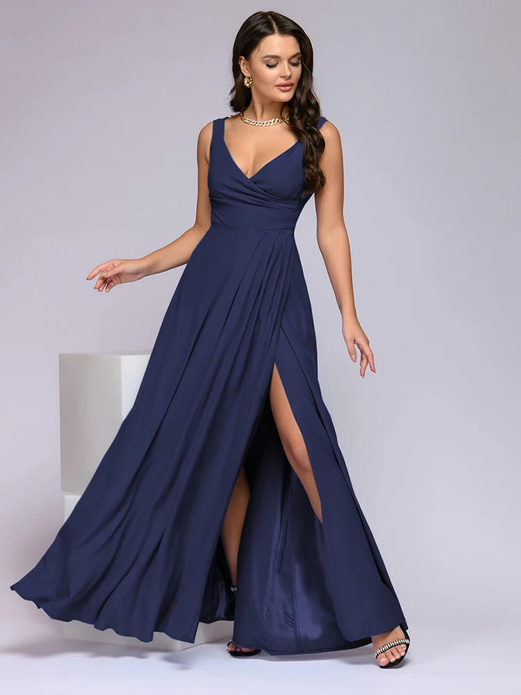 Deep V Neck Sleeveless Maxi Dress With Slit High Waist