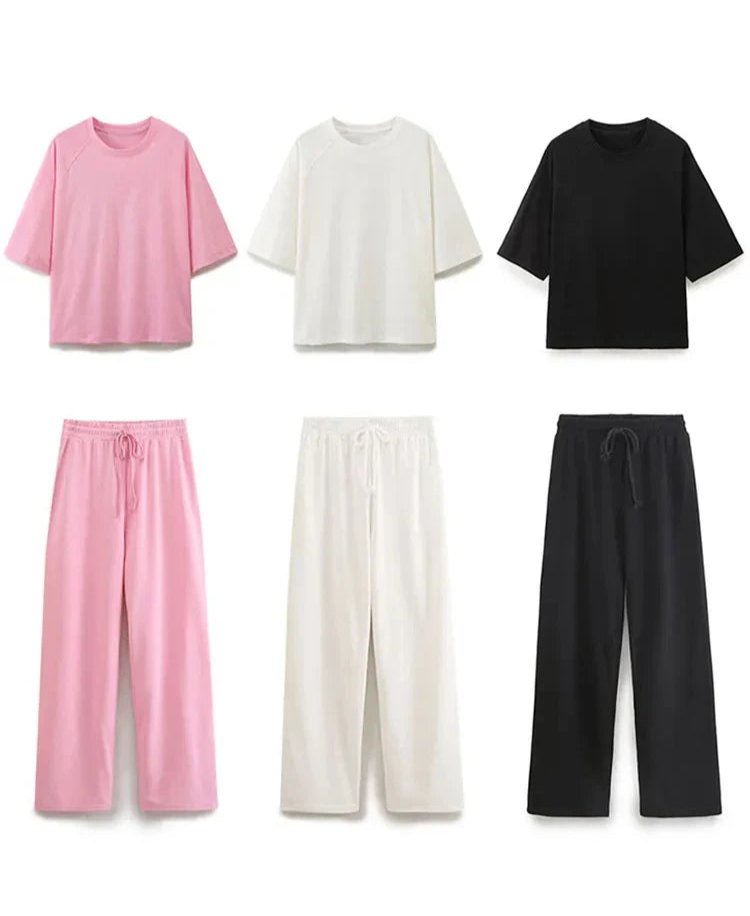 Stylish Women's Solid Casual Trouser Set with Short Sleeve T-Shirt and Elastic Waist Wide Leg Pants for versatile comfort.