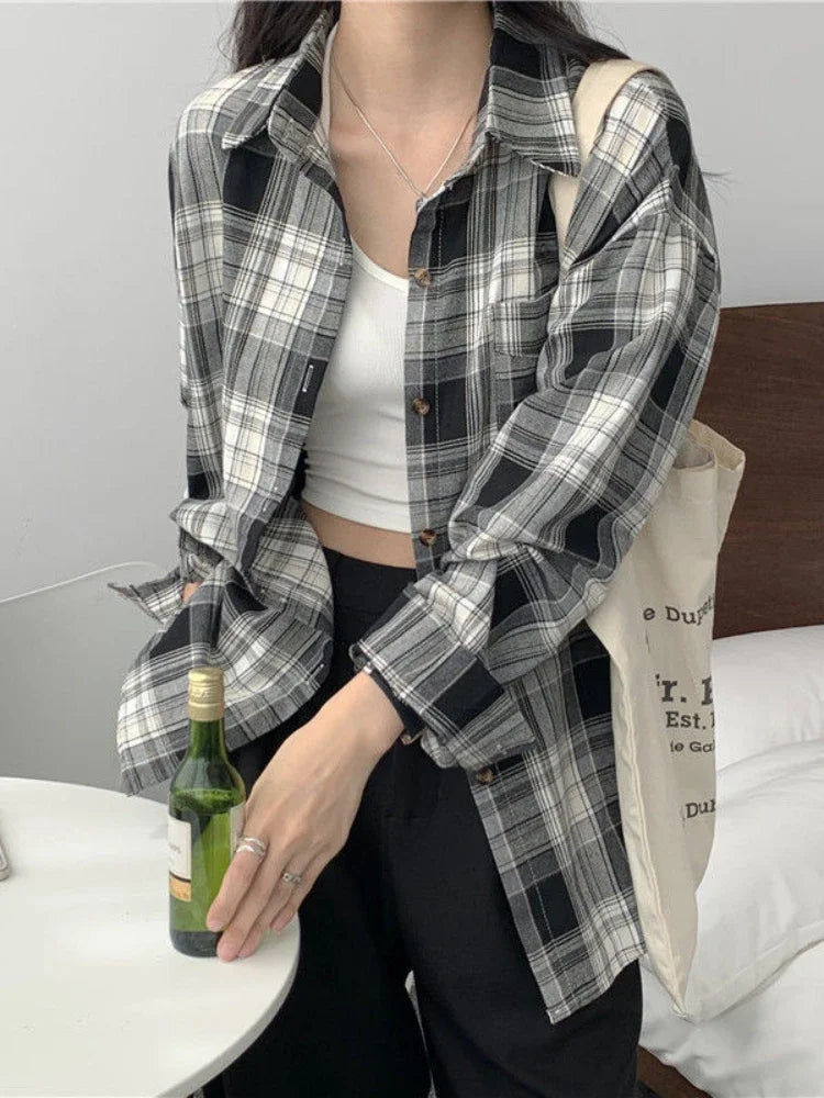 Chic Casual Long Sleeve Plaid Blouse Mid Length Loose Fit Turn Down Collar Shirt for Women, perfect for autumn fashion.