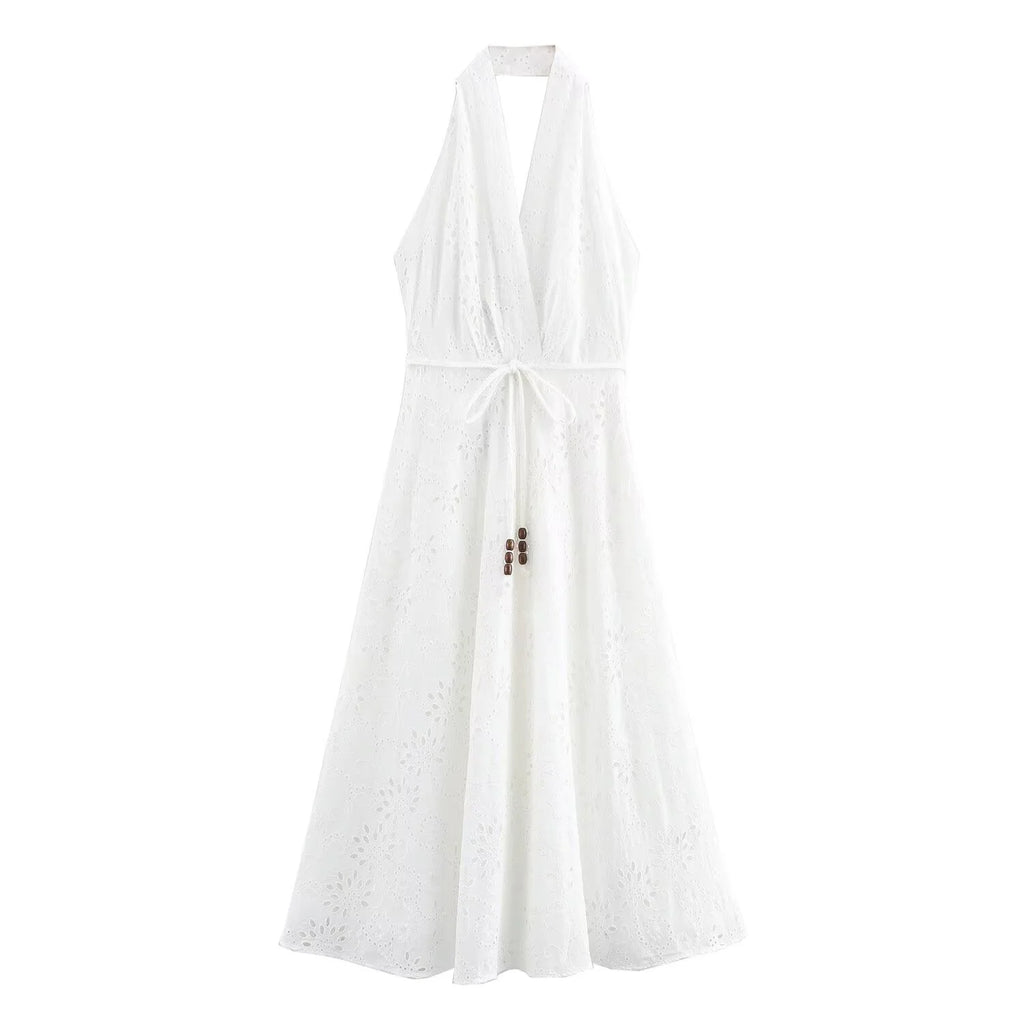Autumn Embroidered Casual Dress with Halter Neck for Women