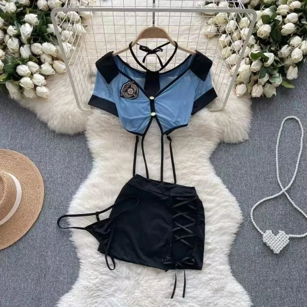 Women Preppy Sexy Uniform Set Sheer V Neck Top Lace Up Mini Skirt Hollow Out Thong Lingerie Cosplay Costume