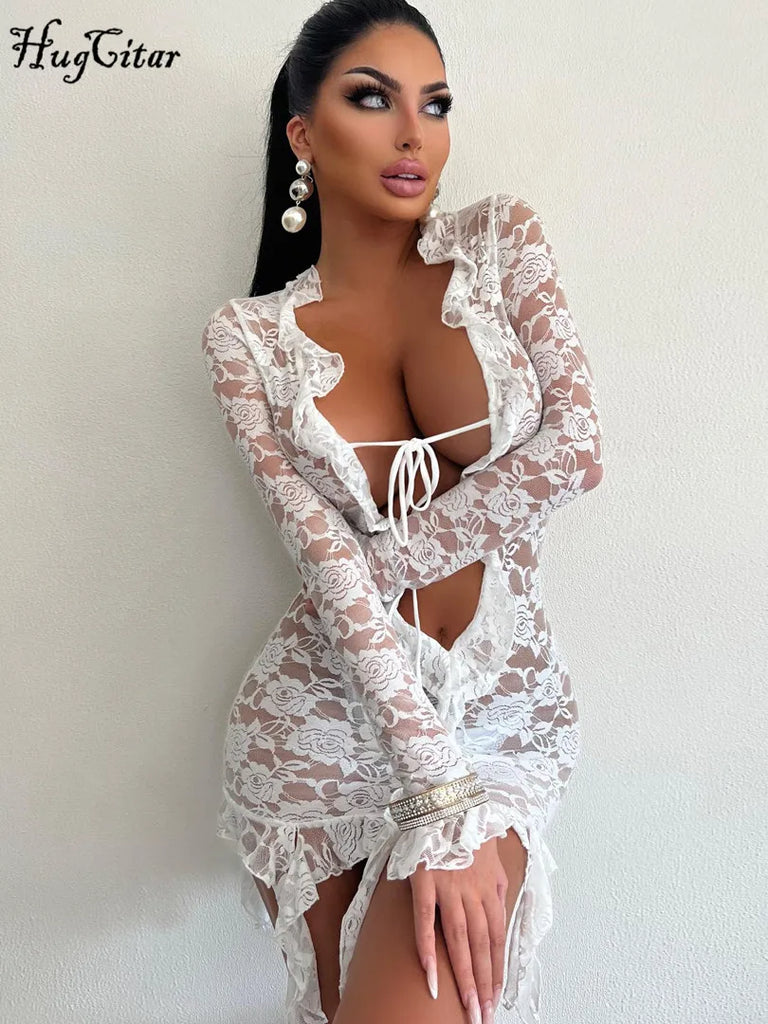 Mesh Floral Print Deep V Neck Lace Up Mini Dress See Through
