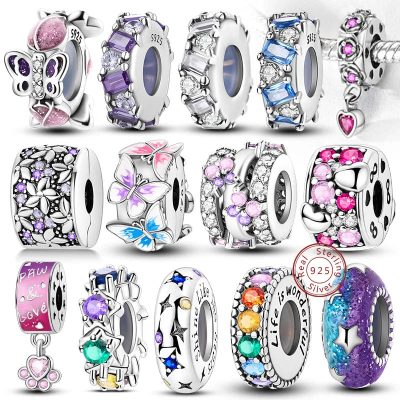 Fit Original 925 Sterling Silver Clip Charms with Zircon and Silicone Spacer Beads for Women DIY Bracelet Gift collection.