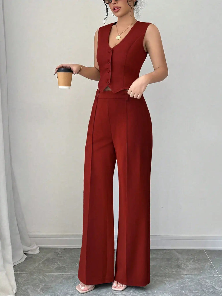 Women's 2Pcs Red Date Night Vest Jacket and Pants Set