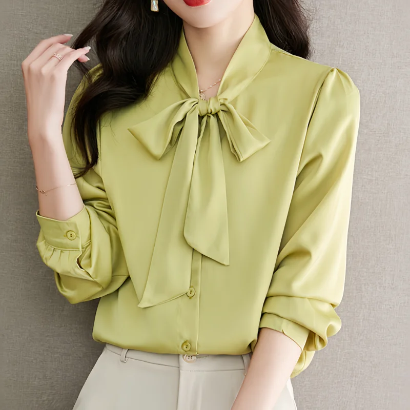 Elegant Women’s Long Sleeve Blouse with Bow Collar Casual Loose Fit White Office Shirt Top, perfect for spring office wear.