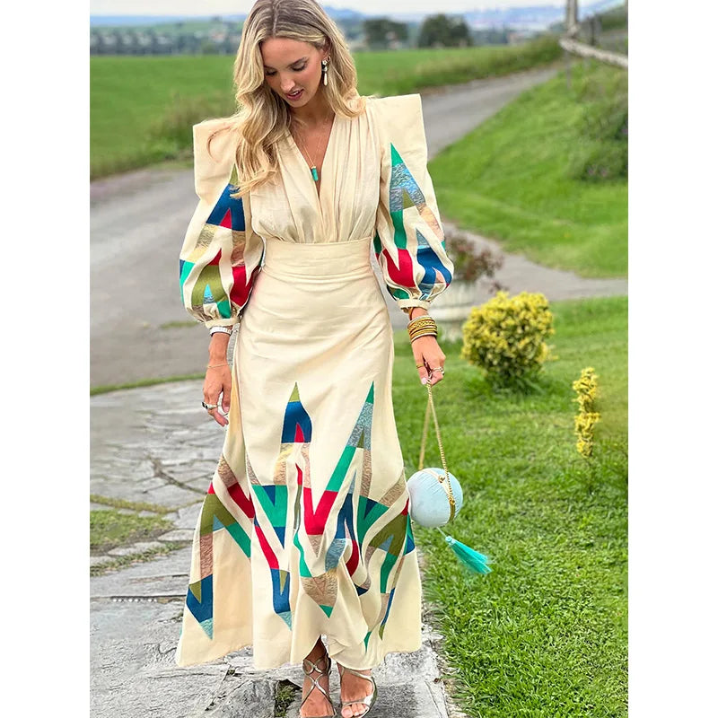 V Neck Puff Sleeve Pleated Print Suit Dress Set For Women