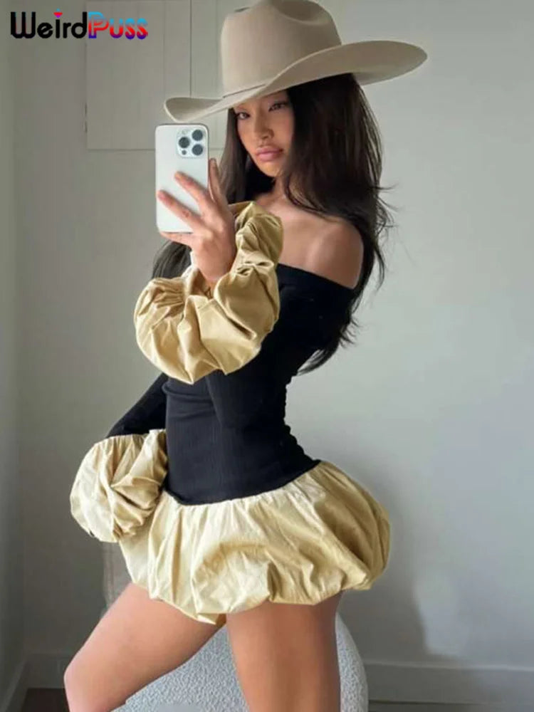 Patchwork Bubble Dress Women Bodycon Mini Chic Style