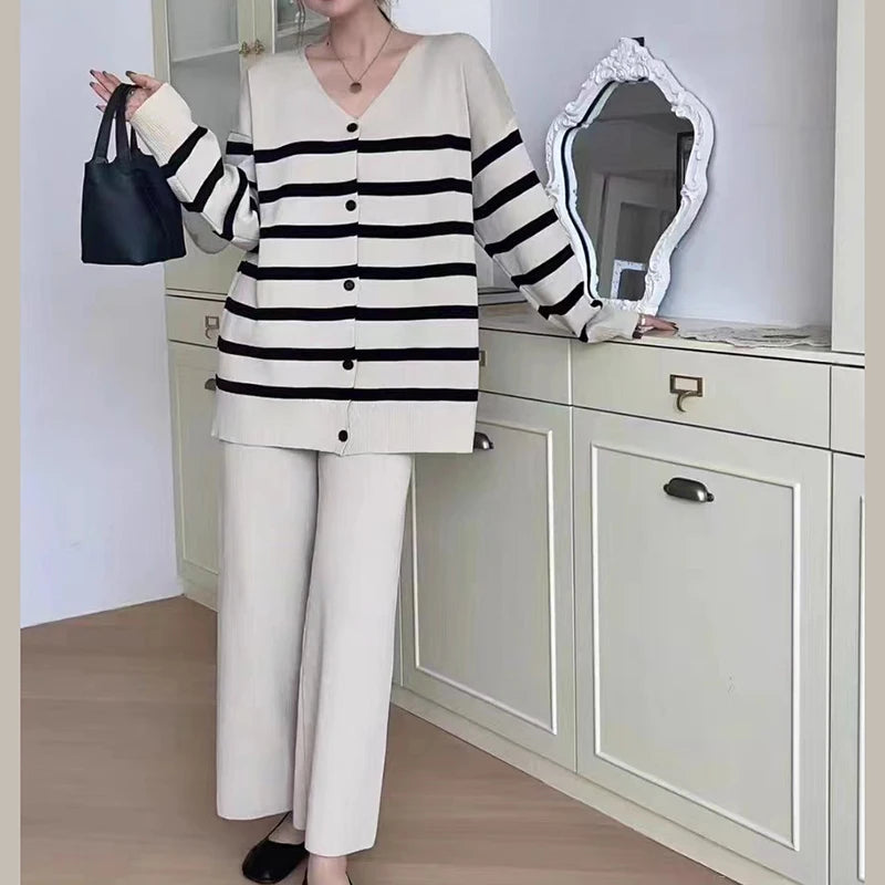 Women Striped Long Sleeve Button-Up Cardigan and Loose Fit Pants Two-Piece Set Casual Office Outfit Fall Winter from HELIAR.