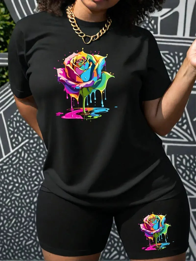 Women’s Summer Rose Print Two-Piece Set Loose Fit Casual Round Neck Short Sleeve T-Shirt and Shorts, perfect for streetwear.