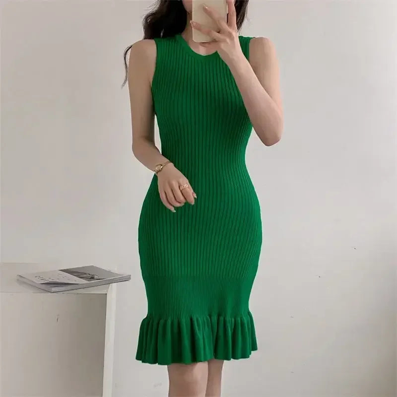 Slimming Knit Dress Sleeveless Fish Tail Leaf Design