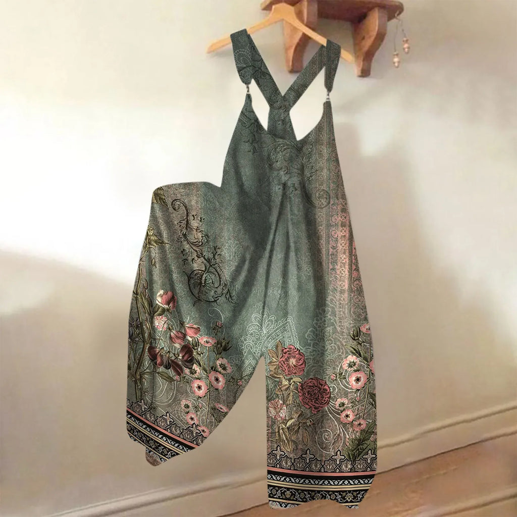 Wide Leg Sleeveless Overalls for Women Casual Loose Fit Jumpsuit with Retro Print feature stylish metal buttons and pockets.
