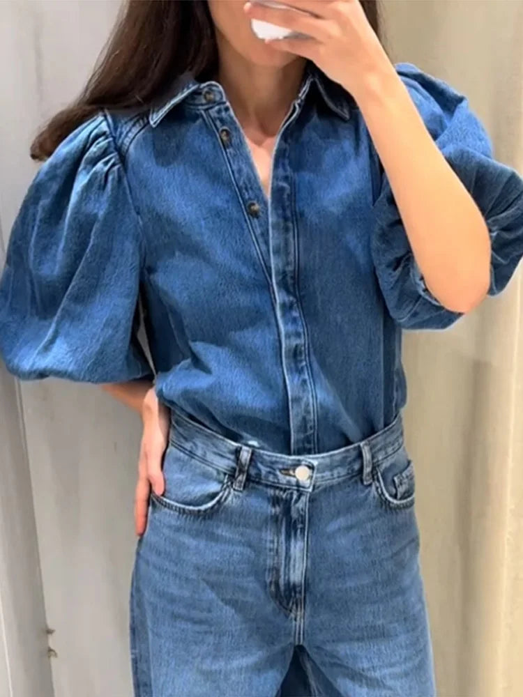 Shop the Street Denim Women's Puff Sleeve Shirt, a stylish solid color blouse perfect for spring and summer casual wear.