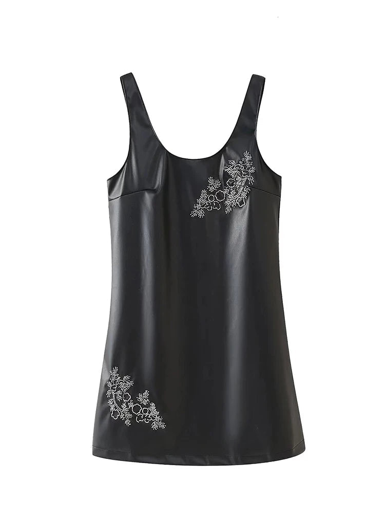 Beaded Dress Faux Leather U Neck Evening Gown For Party