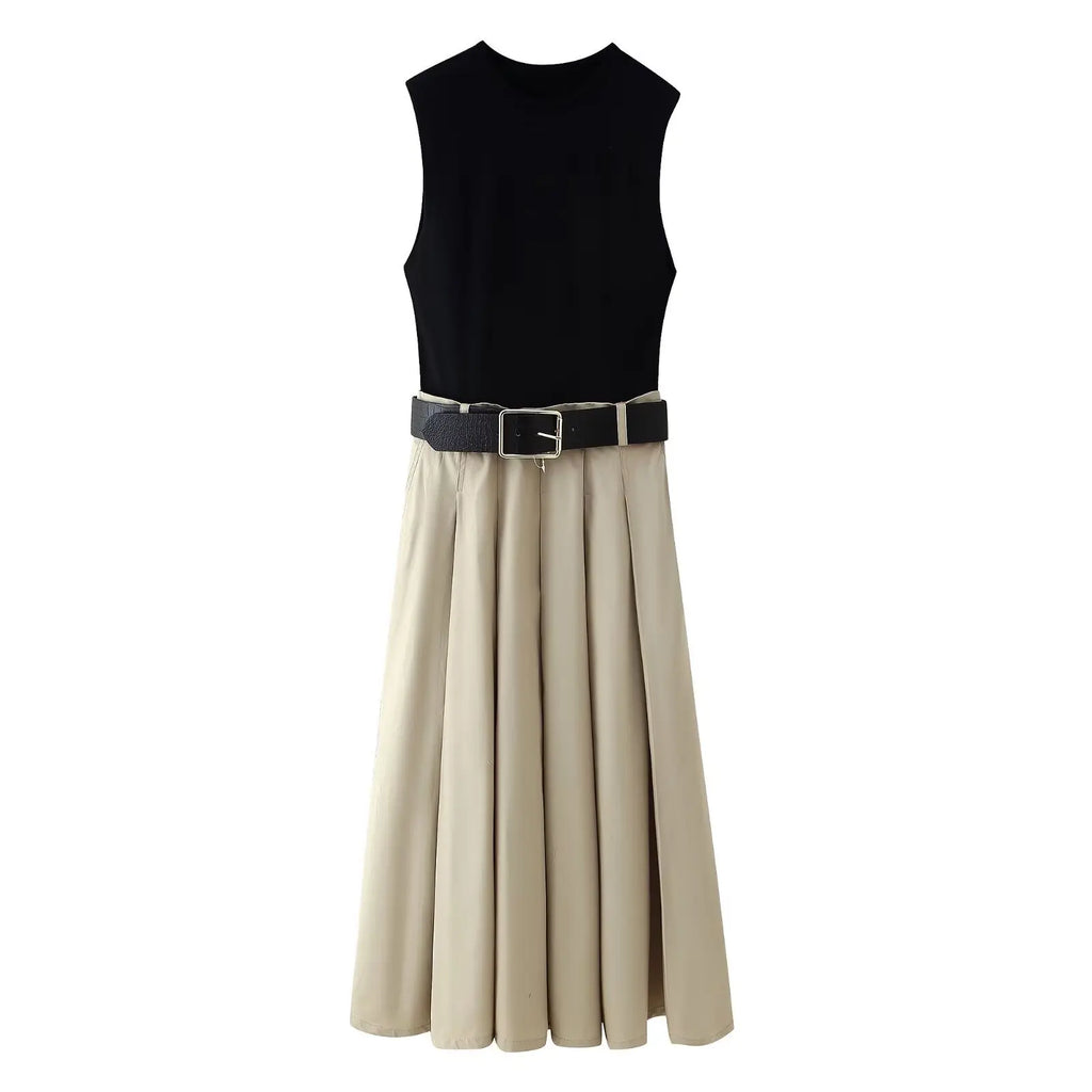 High Waist Pleated Dress With Belt Round Neck Sleeveless