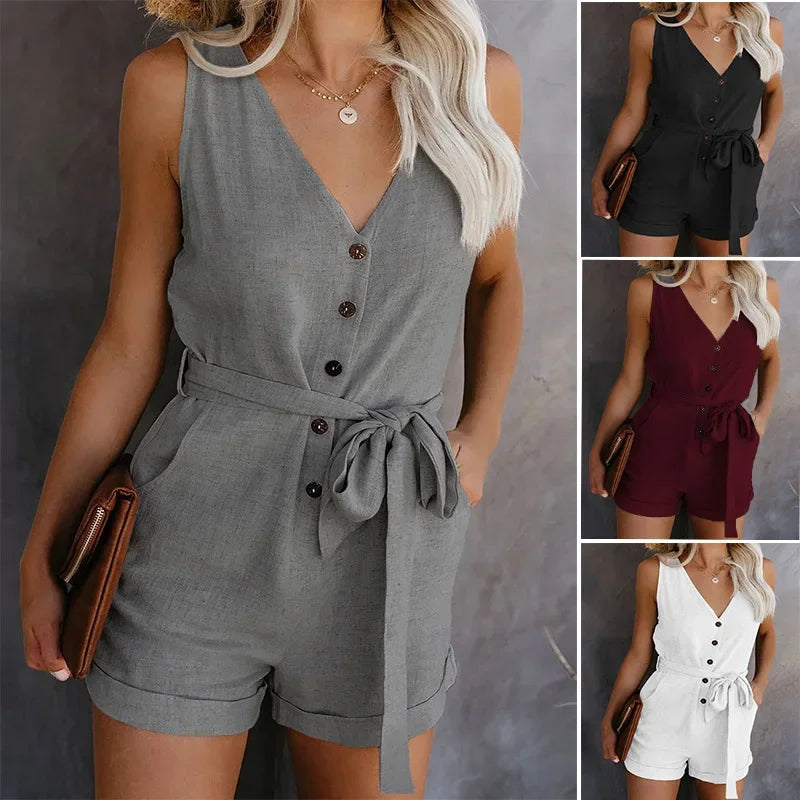 Stylish Women's Casual V Neck Monochromatic Jumpsuit with Five Point Shorts, perfect lightweight summer outfit.