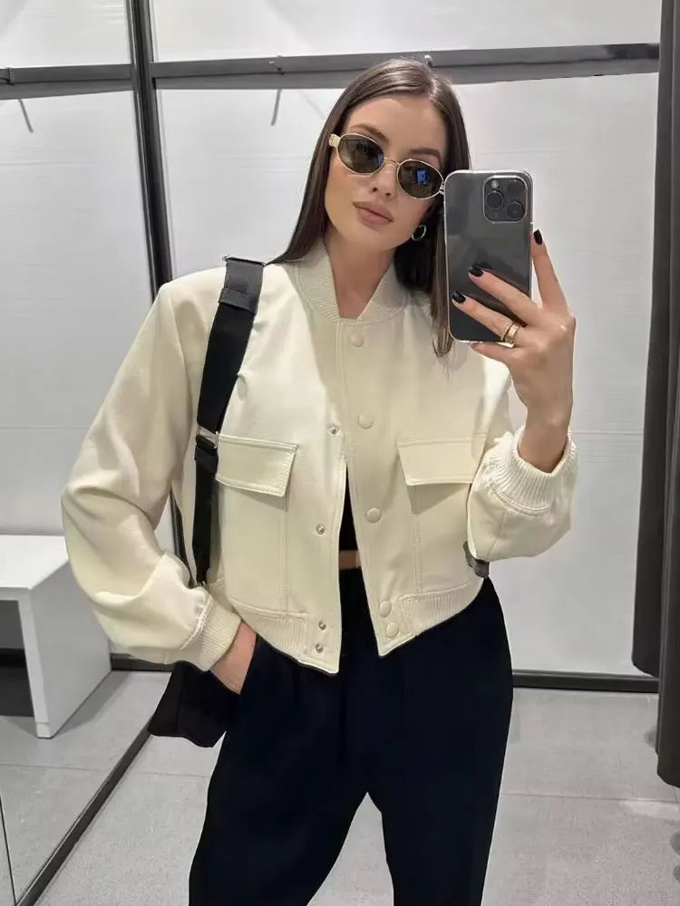 Women Bomber Jacket With Pockets Vintage Style Front Button