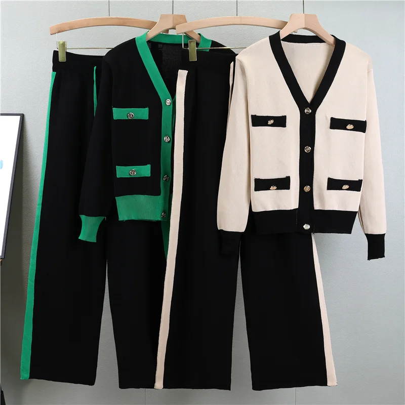Women's Knitted Two Piece Sweater Set With V Neck Cardigan And Wide Leg Pants For Autumn And Winter