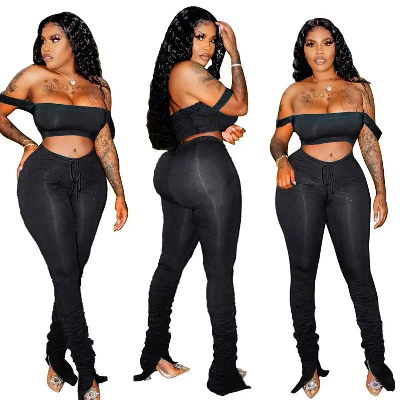 Women's Two-Piece Tracksuit Set With Elastic Strapless Top And Fold-Slit Pants