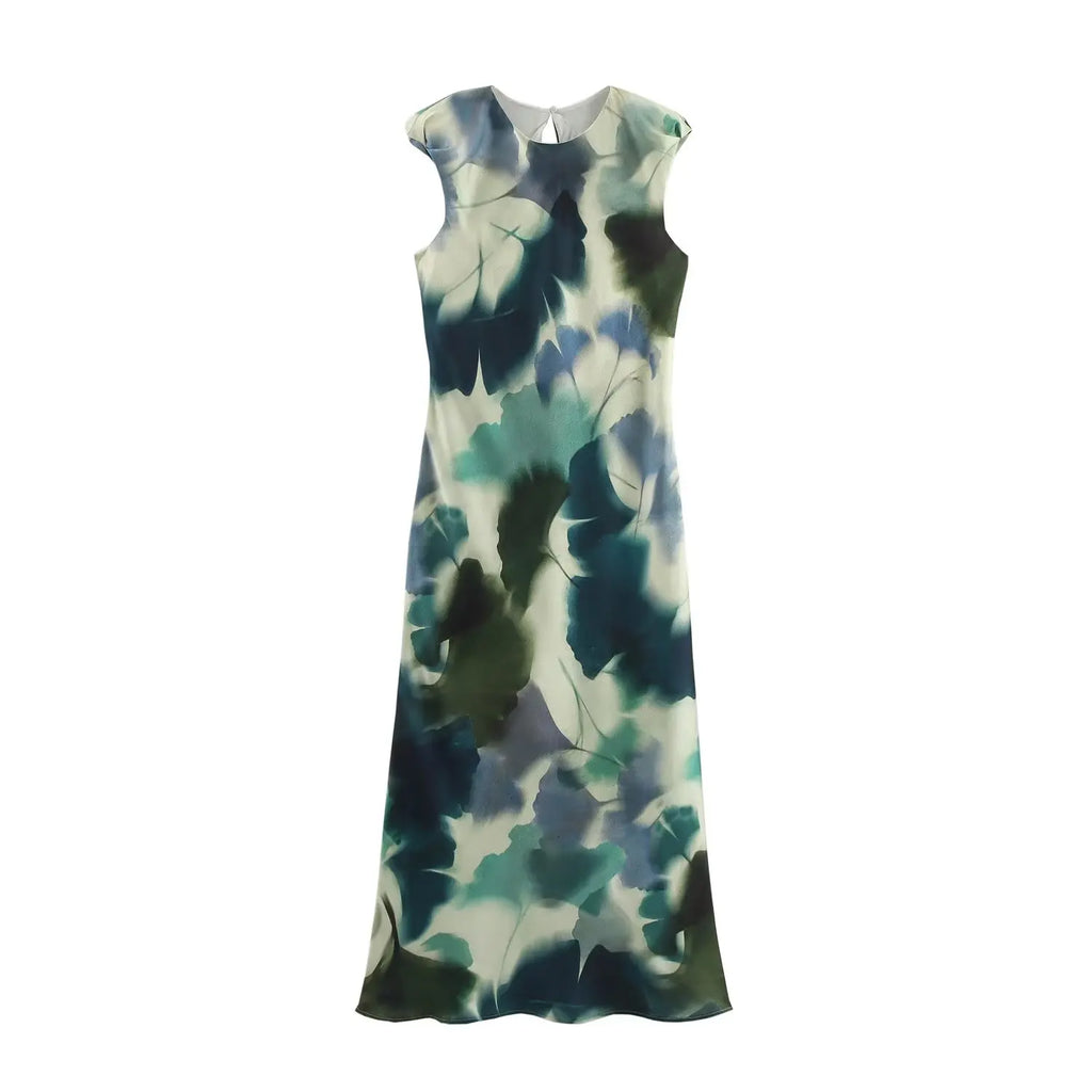 Womens Sleeveless Round Neck Printed Silk Texture Dress