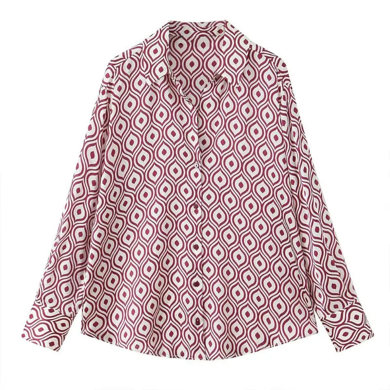 ZBZA Women's Geometric Print Satin Effect Shirt with Lapel Collar, perfect for a chic spring and summer look.