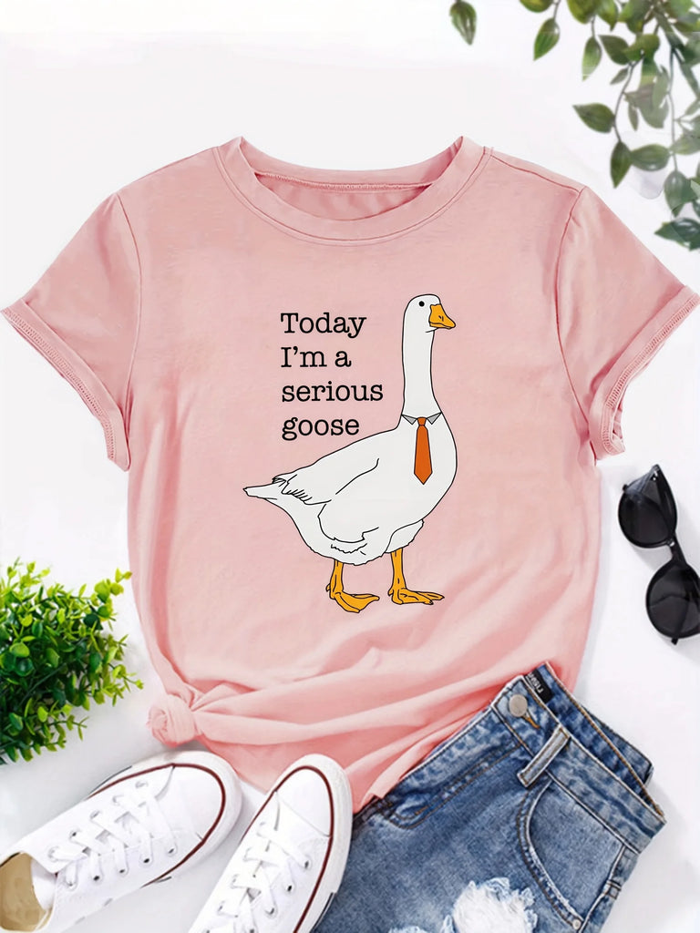 Goose Letter Print Casual T-Shirt for Women, Short Sleeve Crew Neck Top for Spring and Summer