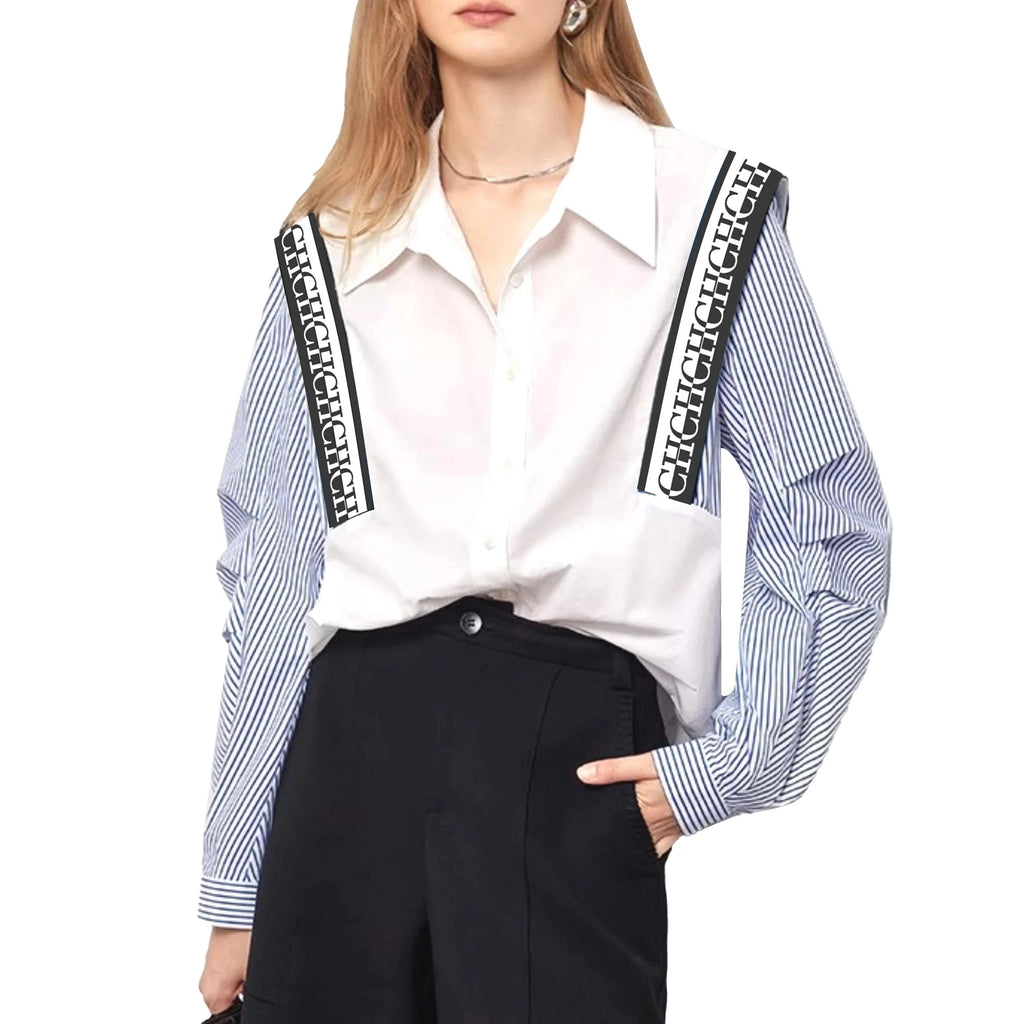 Women’s Blue Striped Splicing Business Commuter Top with Stylish Bottom Shirt Design, perfect for modern office elegance.