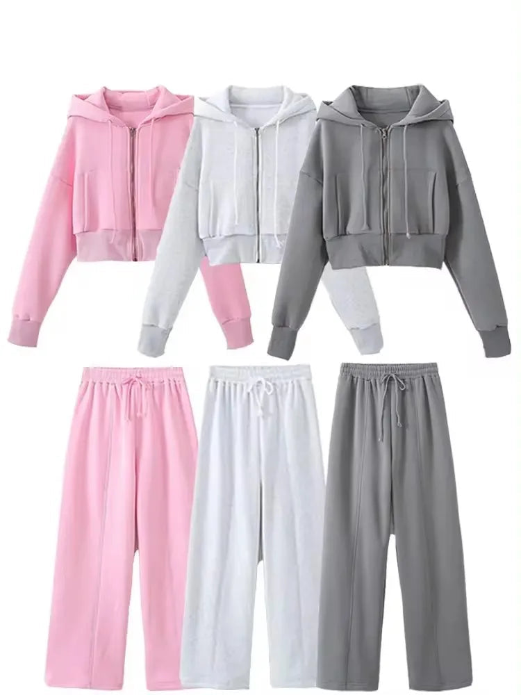 Explore TRAFZA's Women’s Elegant Solid Hooded Zipper Sweatshirt and Loose Drawstring Wide Leg Pant Set for stylish comfort.