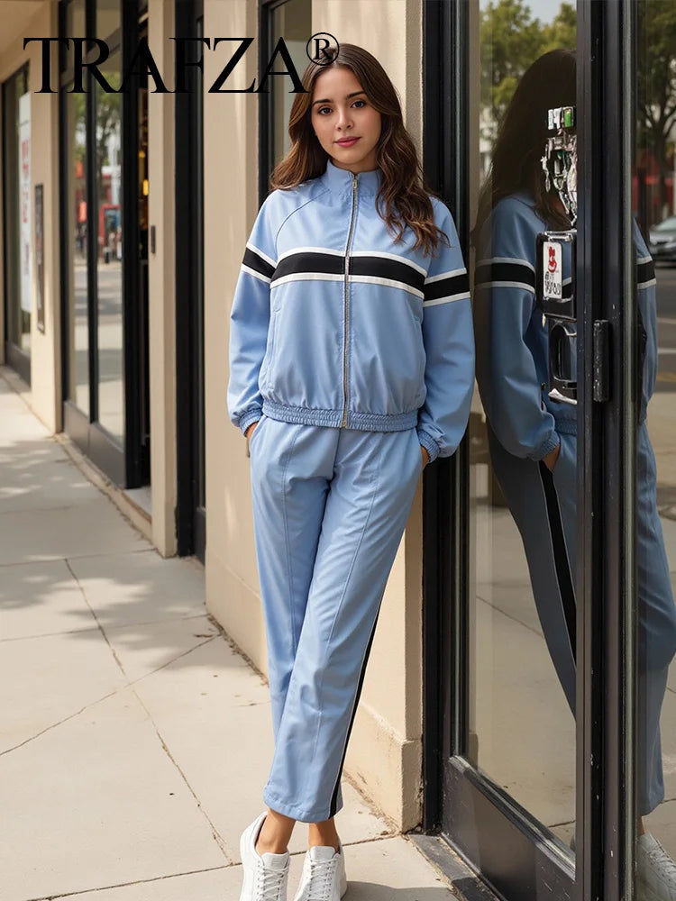 Stylish Patchwork Jacket and Pants Set for Women, featuring elastic waist, perfect for casual outings and sporty activities.